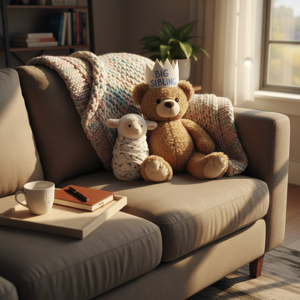 A comfy, slightly rumpled sofa in a sunlit living room is draped with a chunky knit throw in soft pastel hues, its texture clearly visible. On the seat, two plush stuffed animals sit side by side: one slightly larger, wearing a felt paper “big sibling” style crown, and one smaller, wrapped snugly in a tiny swaddle-patterned blanket. Beside them, a closed notebook with a pen rests on a simple wooden tray holding an empty tea cup. Late afternoon golden light pours in from the right, creating warm highlights and cozy shadows. Photographic realism, eye-level composition with shallow depth of field, captures a playful, supportive atmosphere mirroring sibling involvement and reflective second-pregnancy journaling.