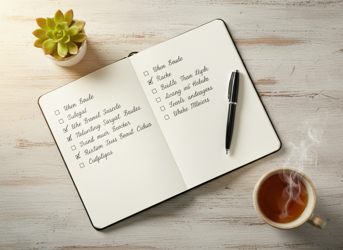 A flat lay on a light wooden table: an open notebook with handwritten lists and checkboxes, a pen, a small plant, and a cup of tea. Warm, soft light from the side. No people, no faces. Calm and thoughtful mood. Lifestyle photography style.