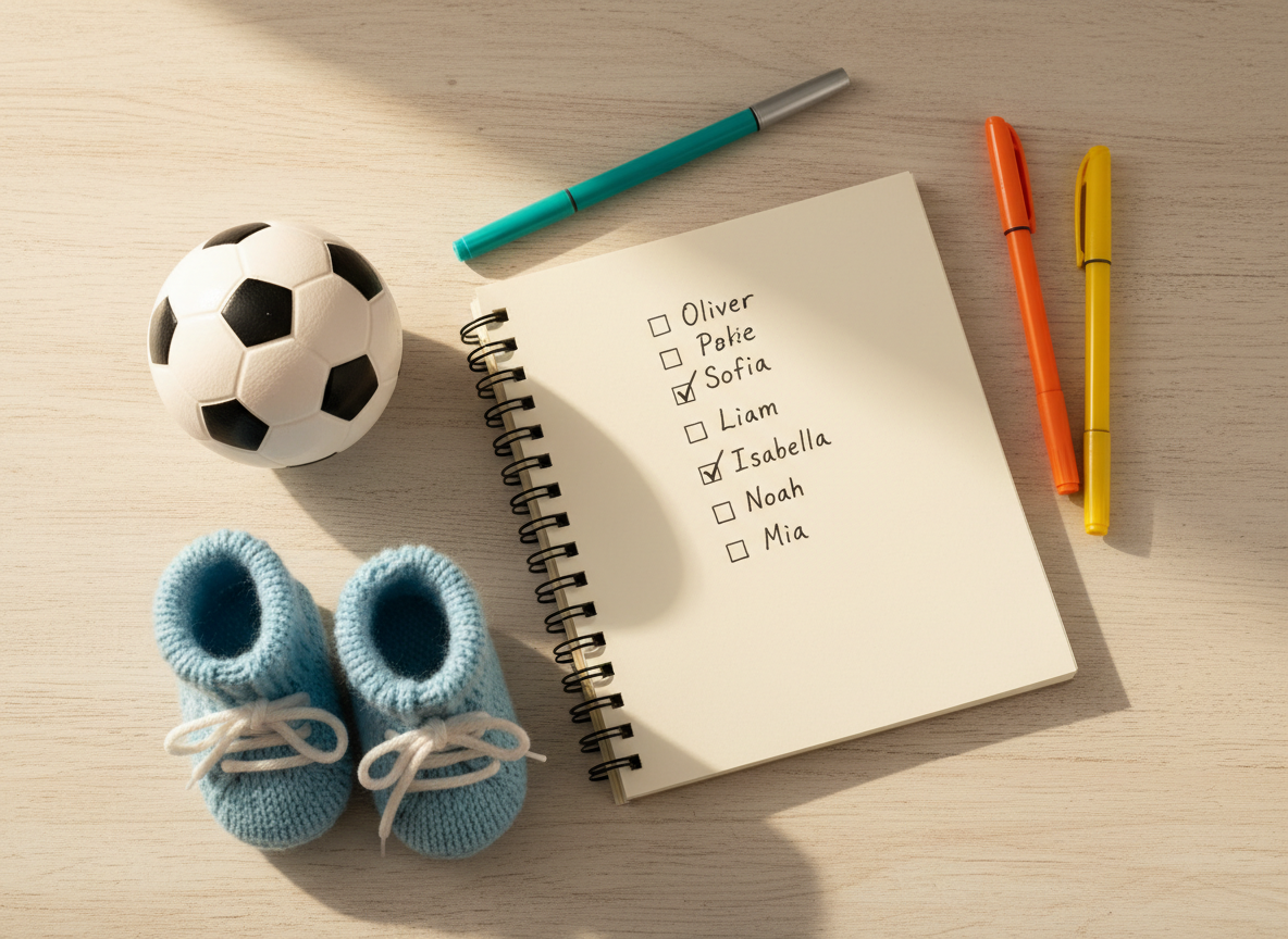 A flat lay on a light surface: an open notebook with a handwritten list of baby names, a small soccer ball, a tiny pair of baby shoes, and a few colorful pens. Warm soft light. No people. Playful and cozy feel. Lifestyle photography style.