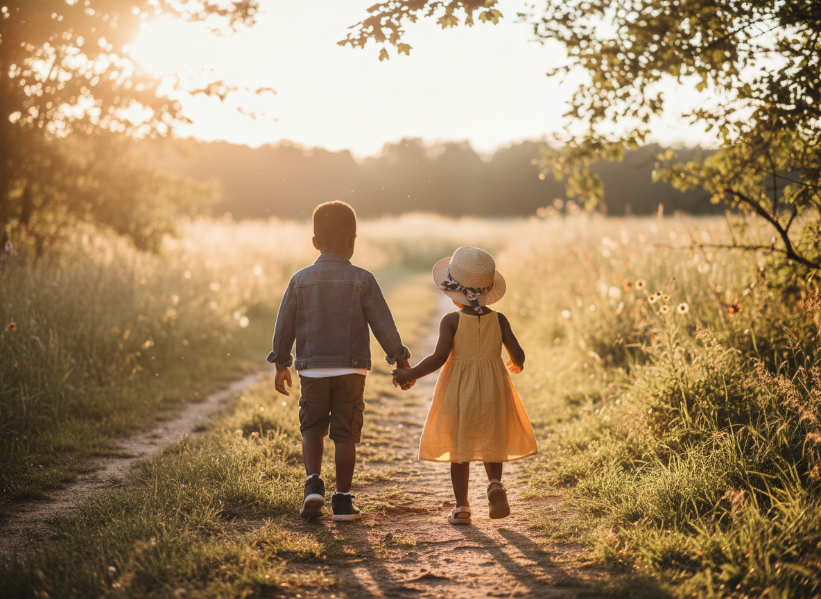 Two Black children in a sweet sibling moment — no faces visible. Holding hands or walking together, warm golden light, joyful and tender atmosphere. Candid lifestyle photography style, outdoor setting.
