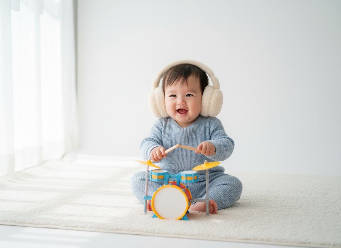A cute Asian baby wearing tiny headphones and holding a miniature toy drum set, expression of pure delight and concentration, soft natural light, white clean background, adorable and funny, lifestyle photography style