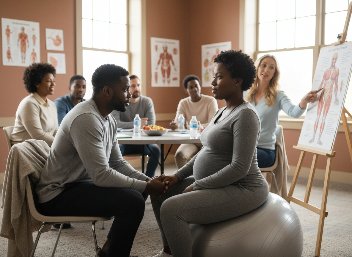 A Black couple attending a Bradley Method childbirth preparation class. The pregnant woman is seated on a birth ball, her partner beside her attentively. A warm, welcoming classroom setting with other expectant couples visible in the background. Soft lighting, candid and natural feel, documentary photography style. Warm and supportive atmosphere.