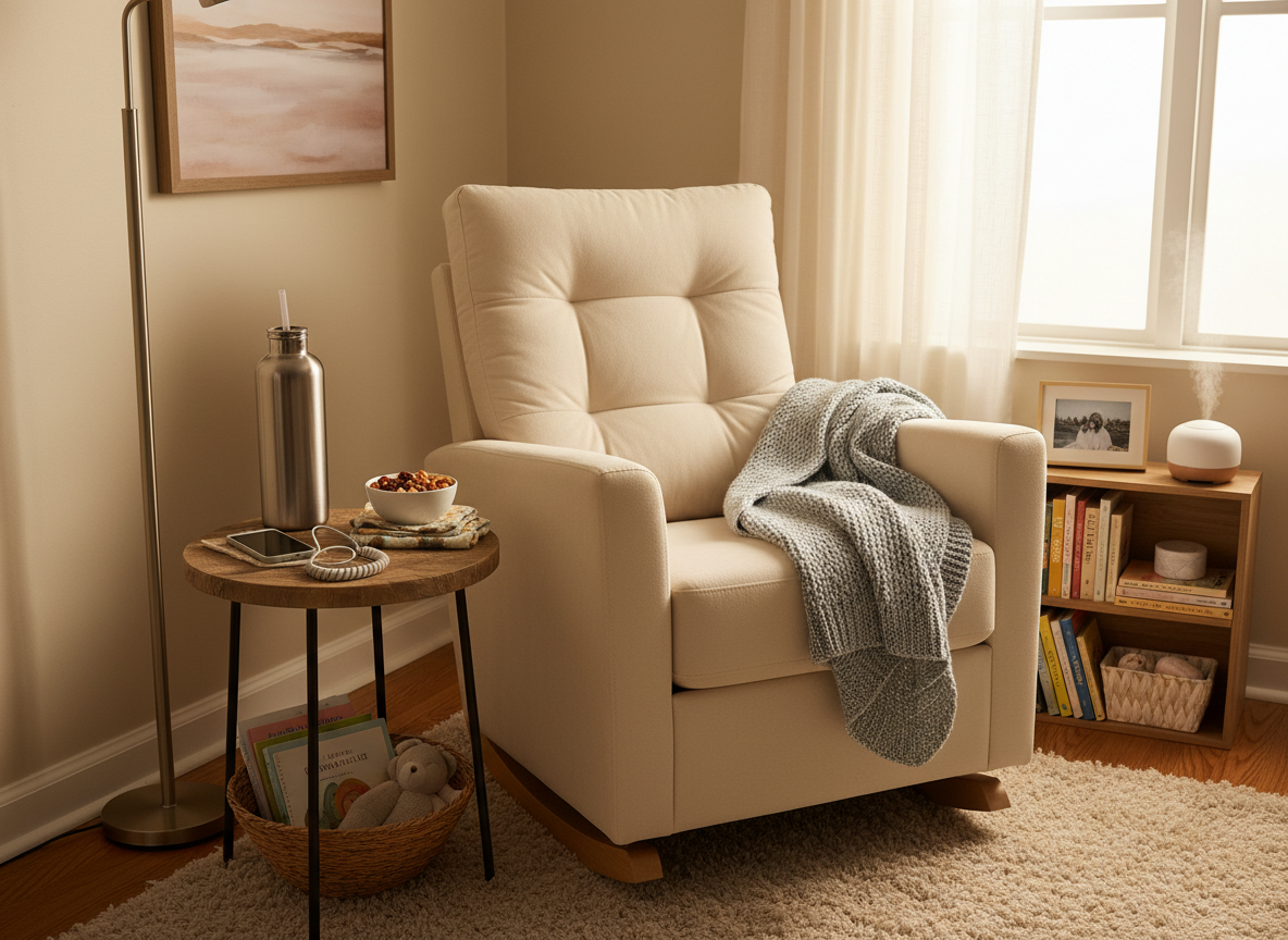 A cozy, warmly lit breastfeeding nook with a comfortable nursing chair, a well-stocked side table featuring a large water bottle, healthy snacks, phone charger, remote control, and burp cloths — a practical and inviting setup for a second-time nursing mom