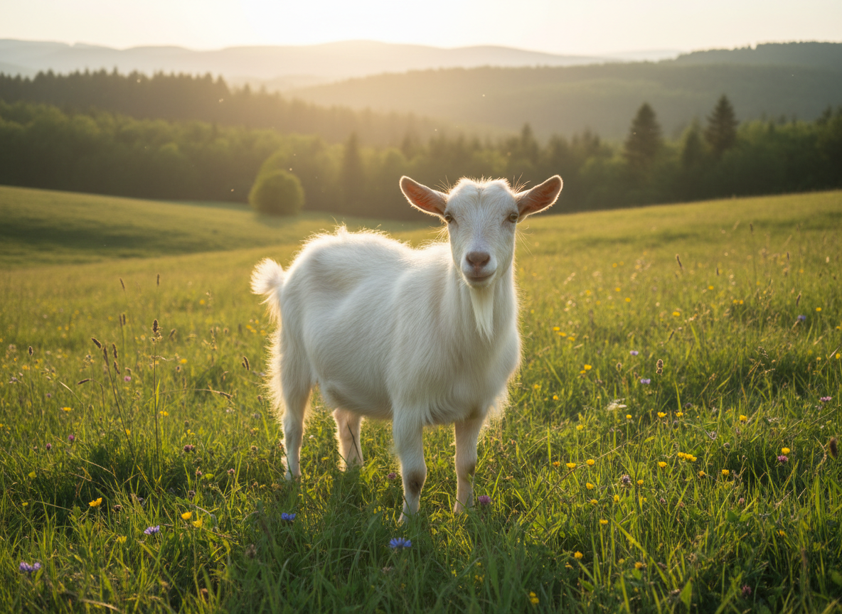 A real photograph of a white fluffy goat standing in a sunlit green meadow, looking at the camera, natural outdoor setting, soft golden light, peaceful and charming