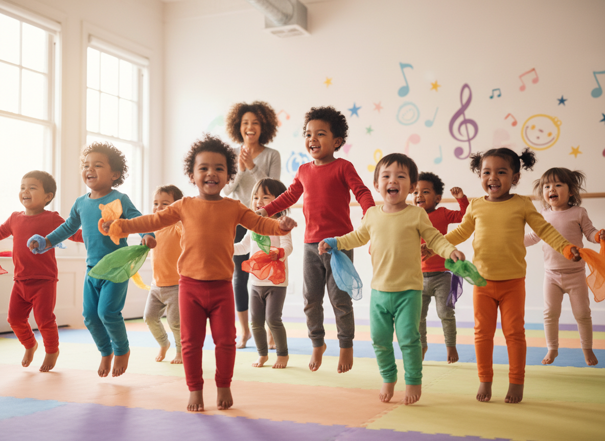 A joyful, diverse group of toddlers of different ethnicities — Black, Latino, Asian, and white children — participating in a colorful movement/dance class in a bright studio. Kids are jumping, spinning, and laughing. A warm, playful atmosphere.