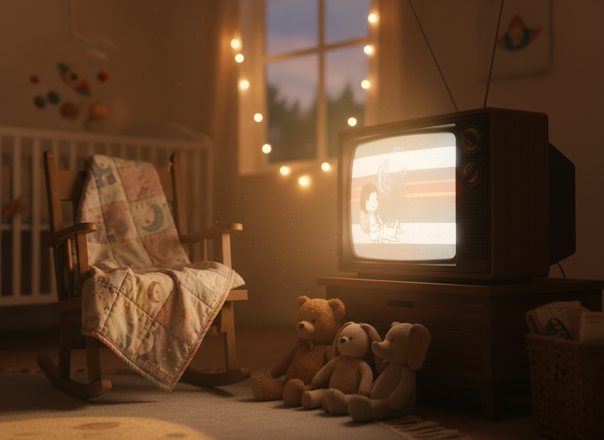 A cozy, nostalgic scene with a vintage CRT television set glowing warmly in a softly lit nursery room, with baby items like a blanket and stuffed animals nearby. Dreamy, warm tones, cinematic style.