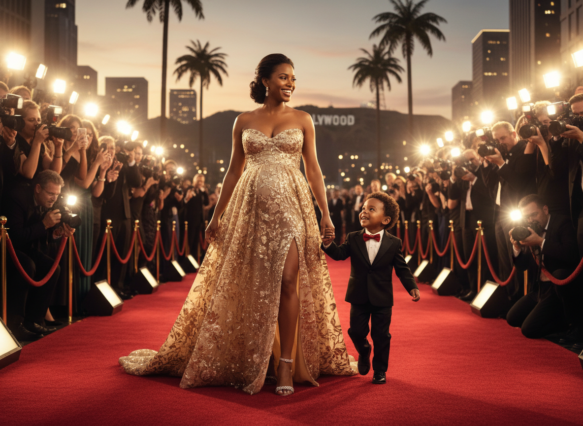 A glamorous brown-skinned pregnant woman on a Hollywood red carpet, visible baby bump, wearing an elegant gown, holding the hand of her brown-skinned toddler. Paparazzi cameras flashing around them. Cinematic, warm lighting, celebratory atmosphere.