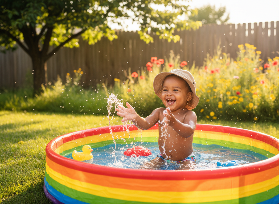 A brown-skinned or Asian young toddler happily splashing in a bright colorful plastic kiddie pool in a sunny backyard, summertime, joyful, warm natural light, fun summer vibes