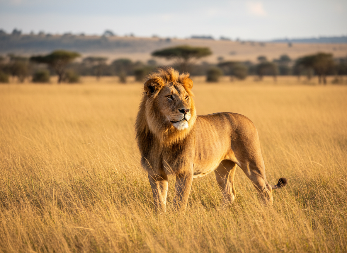 A majestic lion standing in a sunlit golden meadow, warm summer light, natural background, similar style to a fluffy white goat in a green meadow — clean, bright, editorial feel