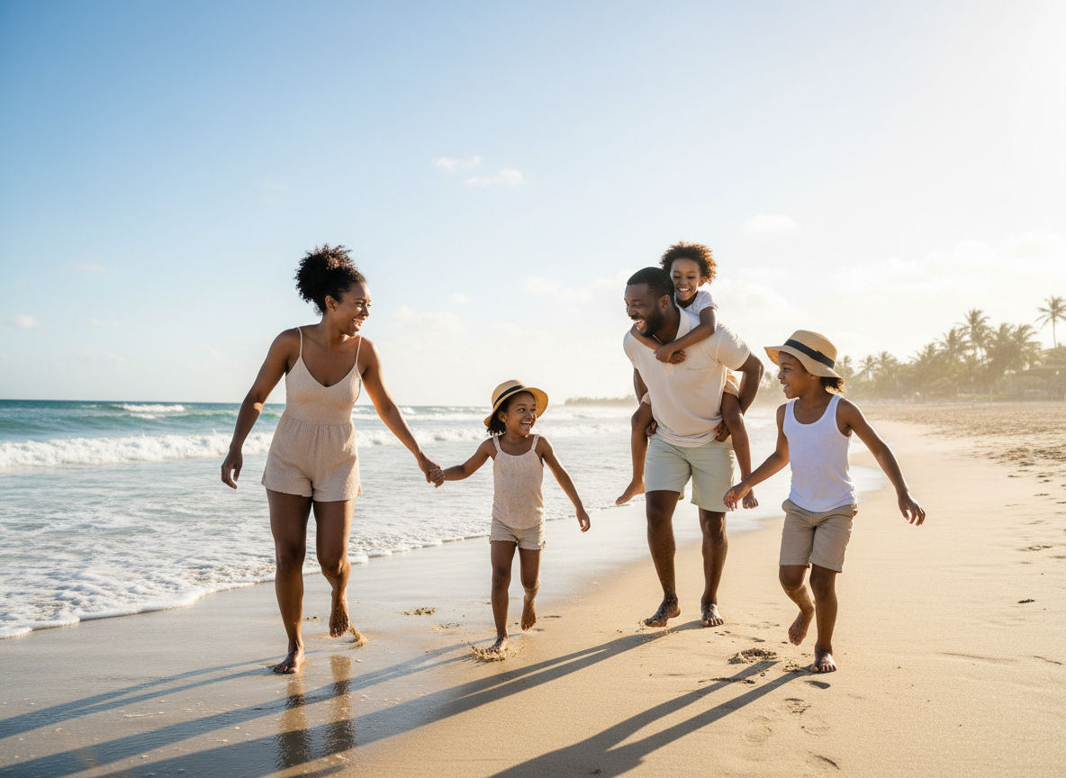 A joyful Black family — parents and young children — laughing and playing together on a sunny beach, waves in the background, warm natural lighting, candid and authentic feel