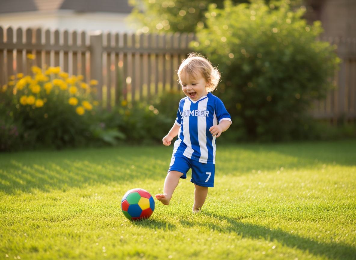 An adorable toddler in a tiny soccer jersey happily kicking a colorful soccer ball in a sunny backyard, green grass, warm and playful mood